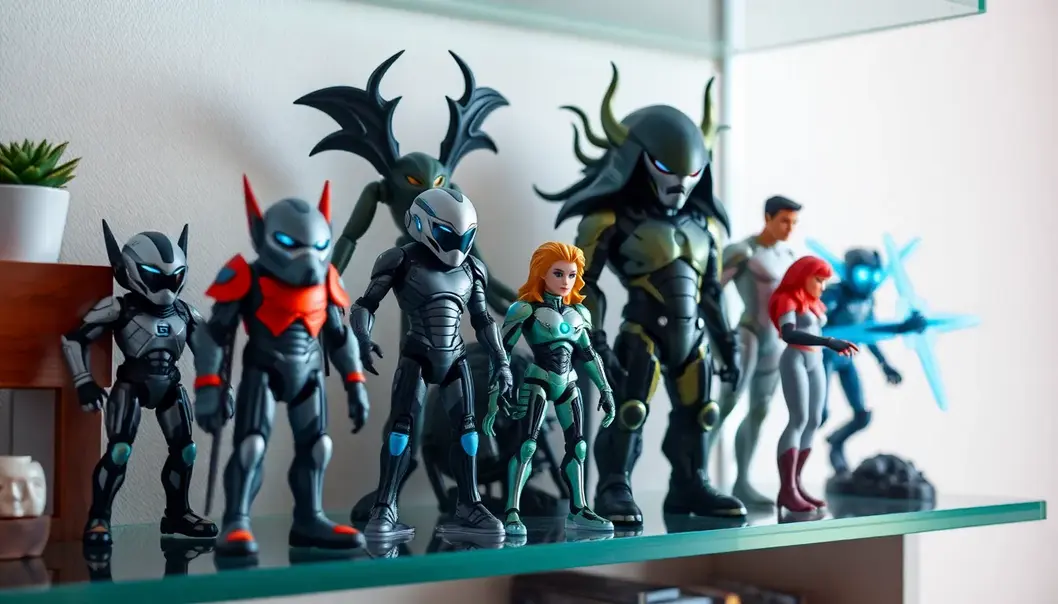 Collectible figures from 2025 on a shelf, designed for teens.