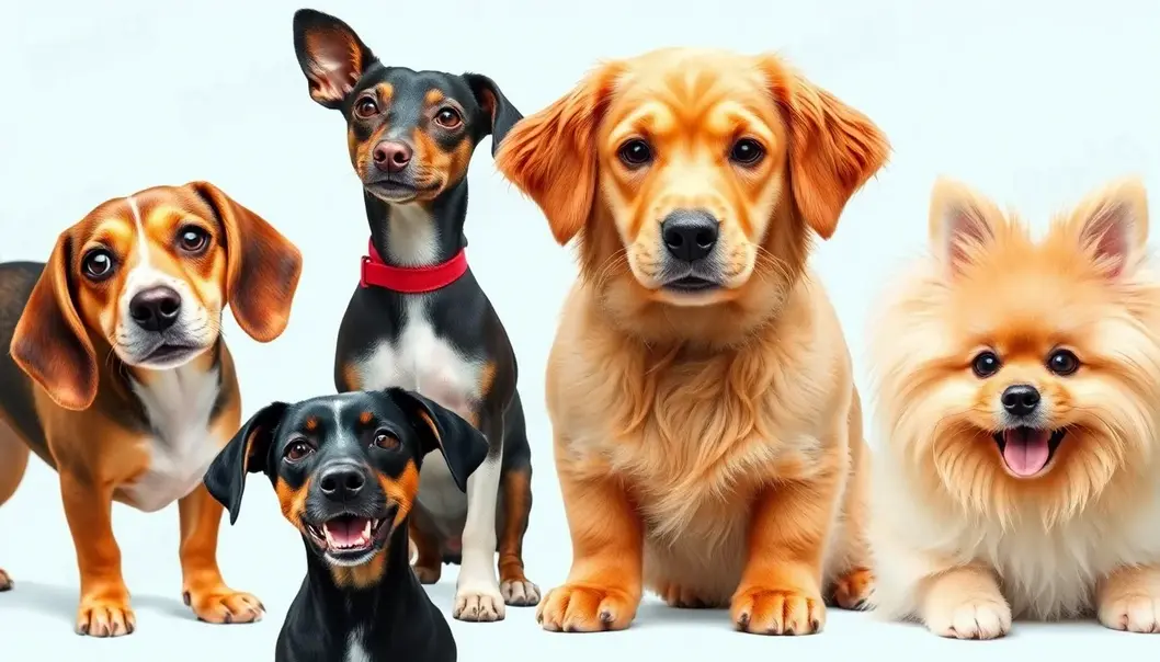 A collage showing a Beagle, Dachshund, Golden Retriever, and Pomeranian in a playful photorealistic style.