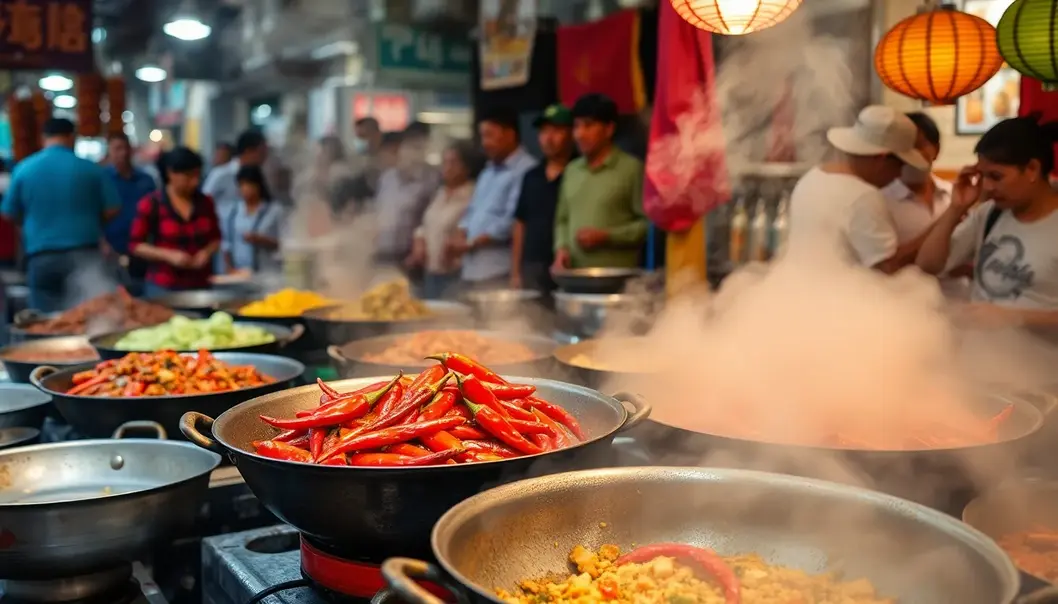 Street vendors cooking spicy dishes in an Asian market.