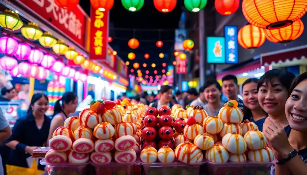 Street vendors cooking spicy dishes in an Asian market.