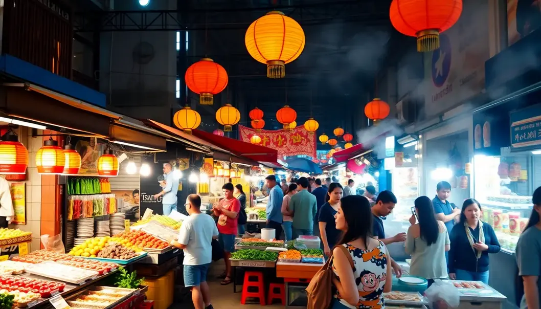 Asian street food market with various vendors and vibrant dishes.