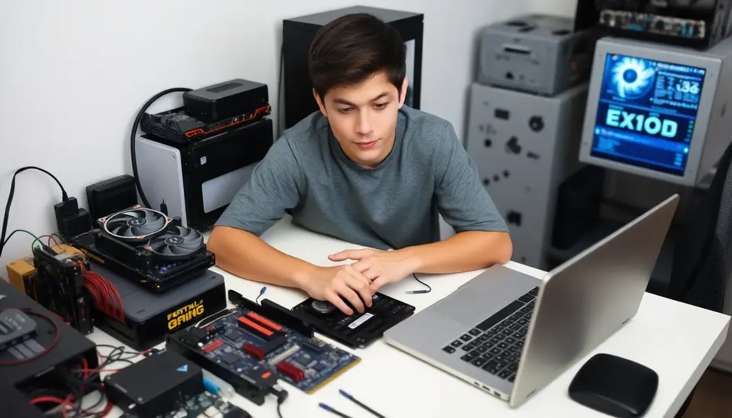 A young adult exploring components for their custom gaming PC build.