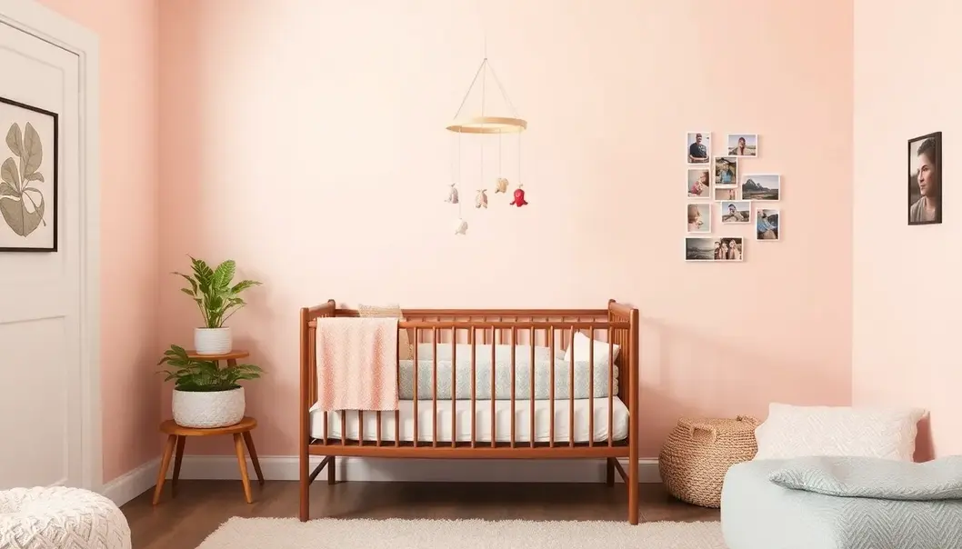 A serene, cozy nursery decorated with a handmade mobile and a memory wall.
