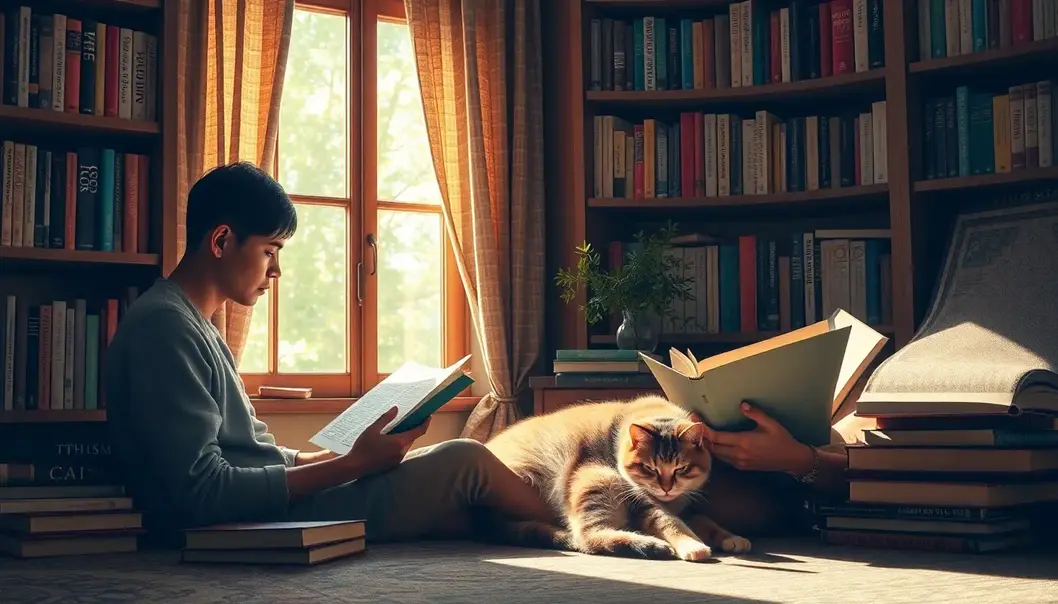 A peaceful study environment with a person reading next to a cat, focusing on cultural understanding.