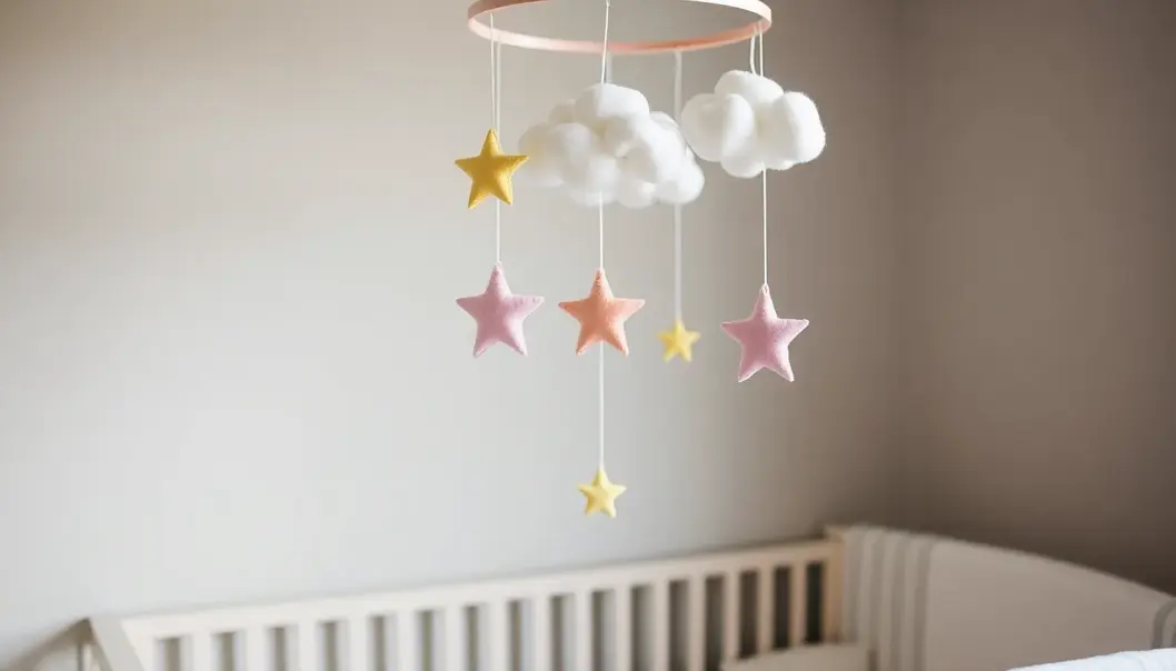 A delicate, handmade mobile adds a personal touch to this cozy nursery.
