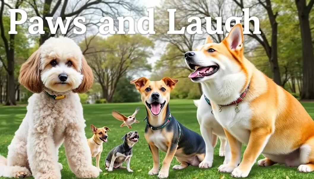 Various dog breeds in a park including a Poodle and Corgi, each displaying unique and amusing behavior.