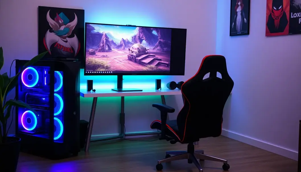 A sleek gaming PC with RGB lighting and a gaming monitor in a modern setup.