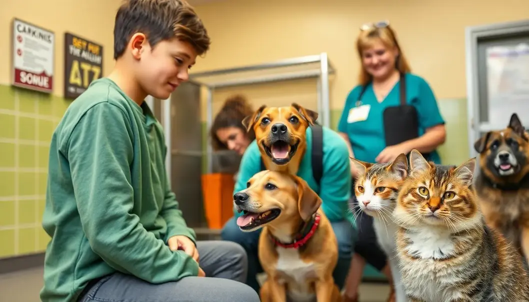 Teen meeting a friendly dog and cat at a shelter.