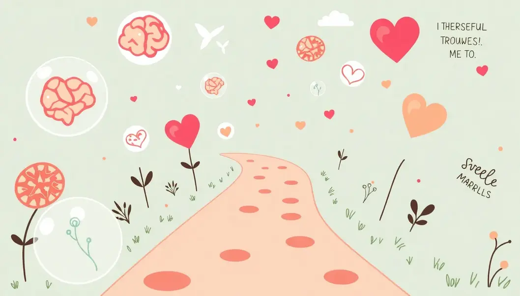 Illustration of a path surrounded by symbols of mental health and therapy.
