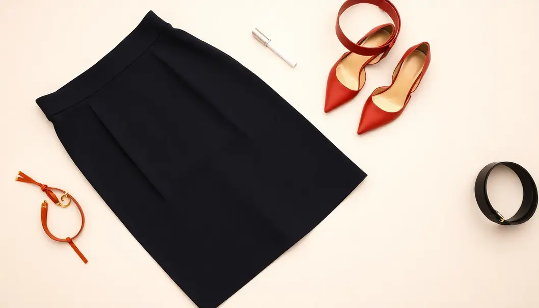 Fashion items like a high-waisted skirt and pointed-toe shoes for petite styling.