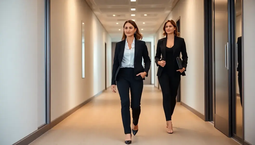 Confident petite woman in a modern office wearing a fitted blazer and high-rise pants.