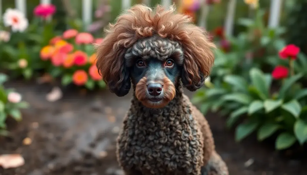 A Poodle playing in the mud despite its royal appearance.