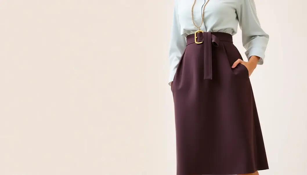 A petite woman showcases styling with high-waisted skirt and pointed-toe heels.