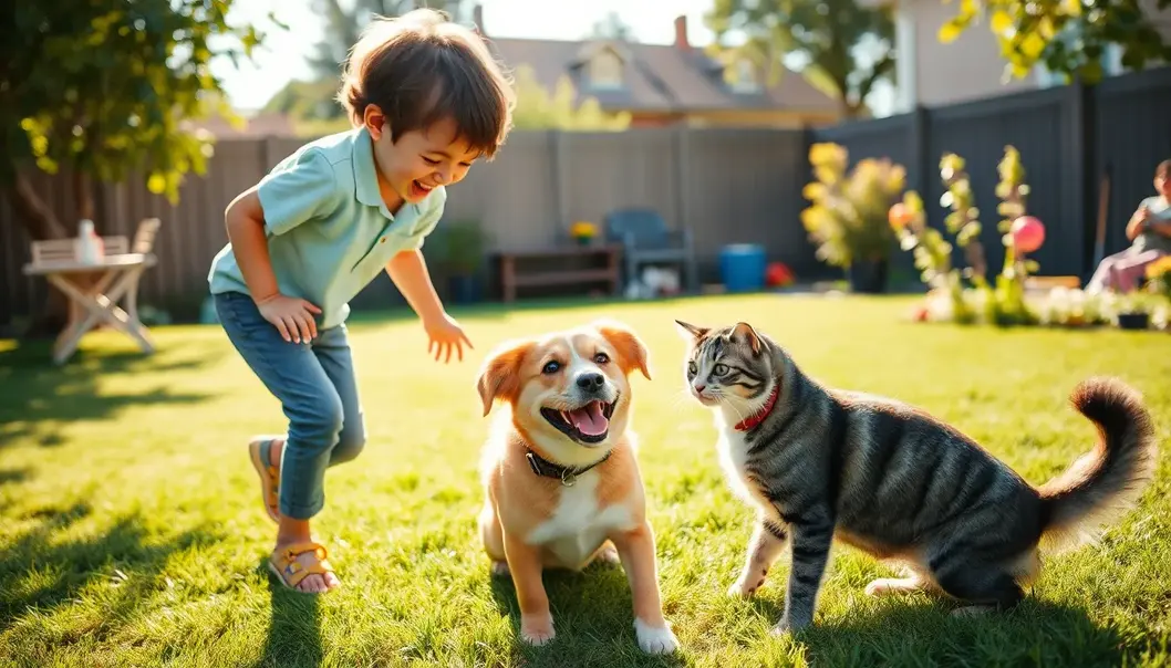 A young person joyfully interacting with a rescue dog and cat in a backyard.