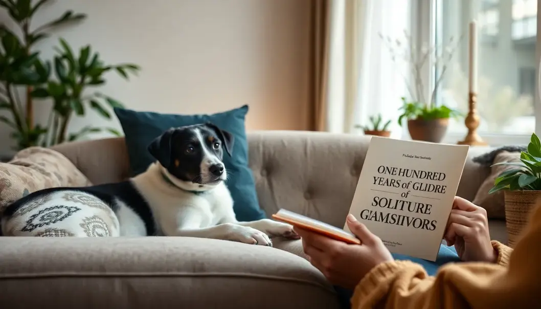 A pet owner enjoying a world literature classic with their dog.